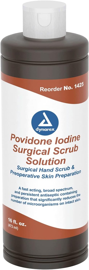 Dynarex Povidone-Iodine Scrub Solución, Solución Antiséptica para la piel y la mucosa, Ideal para la preparación del sitio quirúrgico, Contiene Iodo Povidone 7.5%, 16 fl. oz., 1 Botella