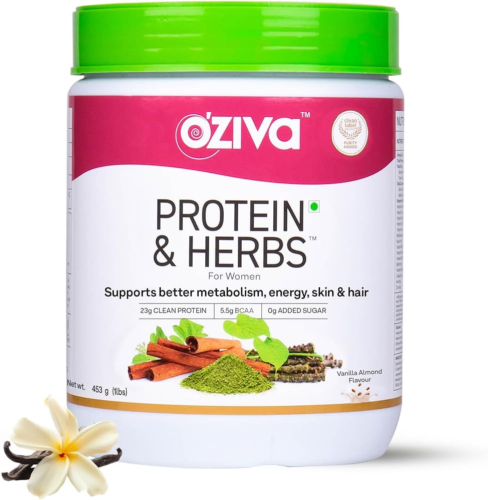 OZIVA Proteína " Herbs for Women " (500 gm) con Multivitaminas, Curcumina, Shatavari, Tulsi para el metabolismo mejorado, Equilibrio hormonal " Esquí, Salud del cabello, Almendra de vainilla (1.1 lb)