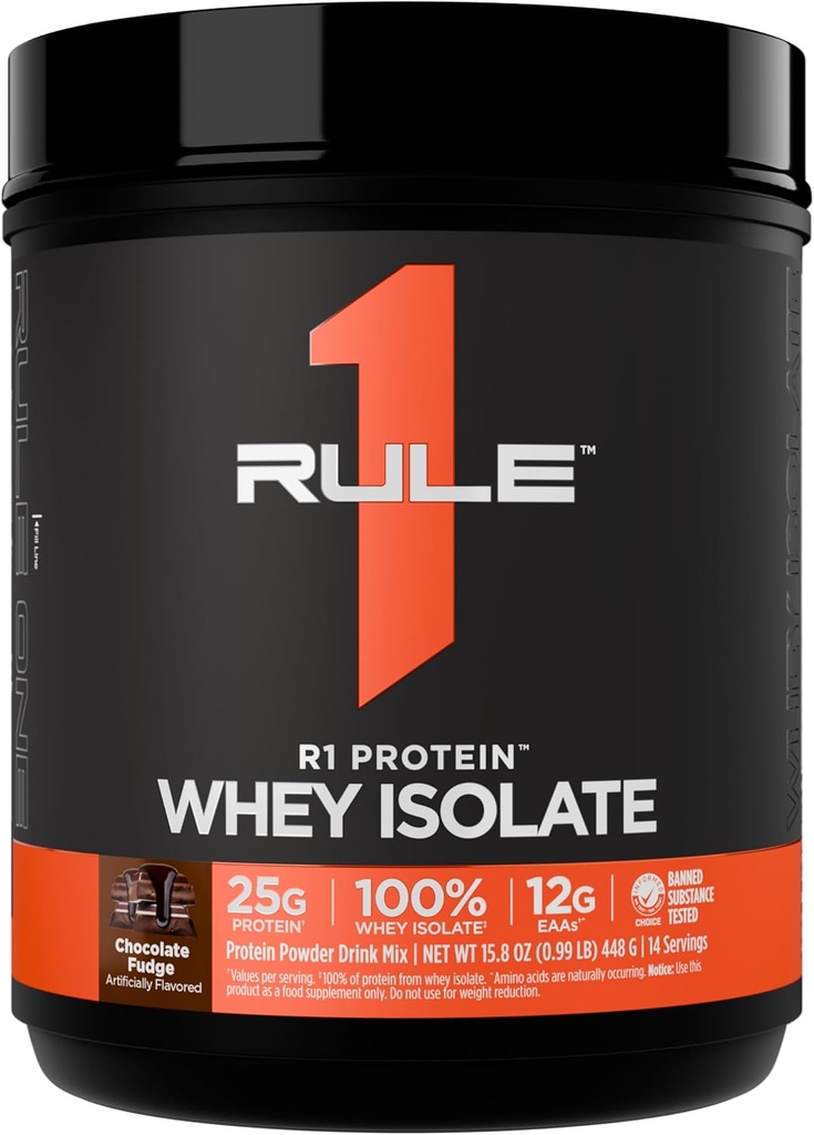 Regla 1 R1 Protein Whey Isolate - con 25g Protein &amp; 6g BCAA Exclusivamente de las fuentes hidrolizadas de recuperación de entrenamiento (1 libra*, chocolate Fudge)