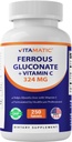 Vitamatic Ferrous Gluconate 324 mg + Vitamin C 100 mg - No Artificial Color Aditivos - Gentle on Stomach - 250 Coated Tablets - Made in USA