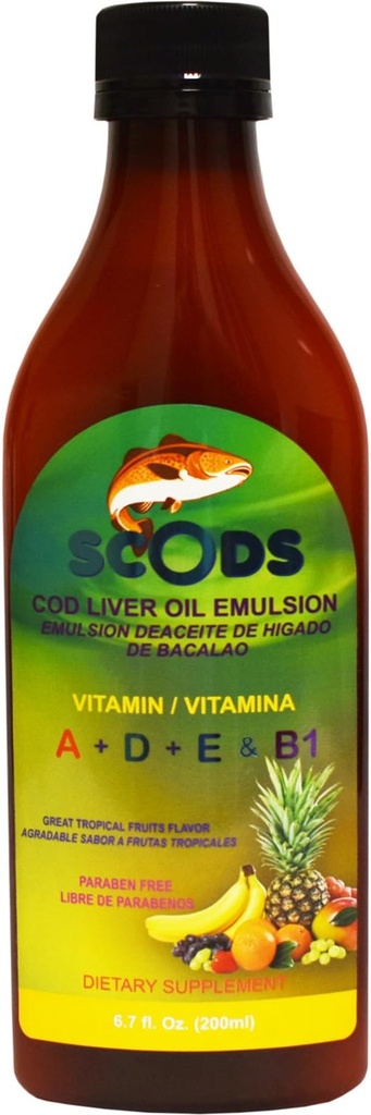 Emulsion de Scods Frutas Tropicales Cod Liver Oil Emulsion Frutas tropicales 200ml Vitamina A + D + E &amp; B1