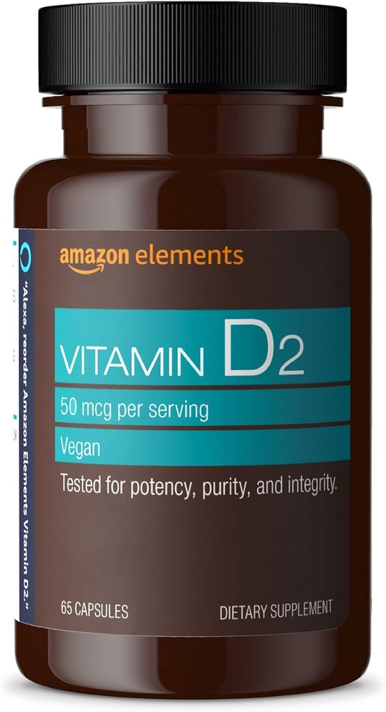 Elementos Vitamina D2 2000 UI, Vegan, 65 cápsulas, soporta los huesos fuertes y la salud inmunitaria, suministro de 2 meses (El paquete puede variar)