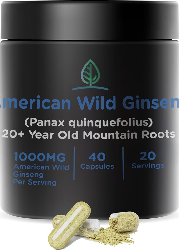 Holistic Bin Wild American Ginseng Capsules Puro Suplemento de Ginseng Orgánico Hecho con Wild Harvested 20+ Año de las raíces viejas de Appalachia (Panax Quinquefolius)