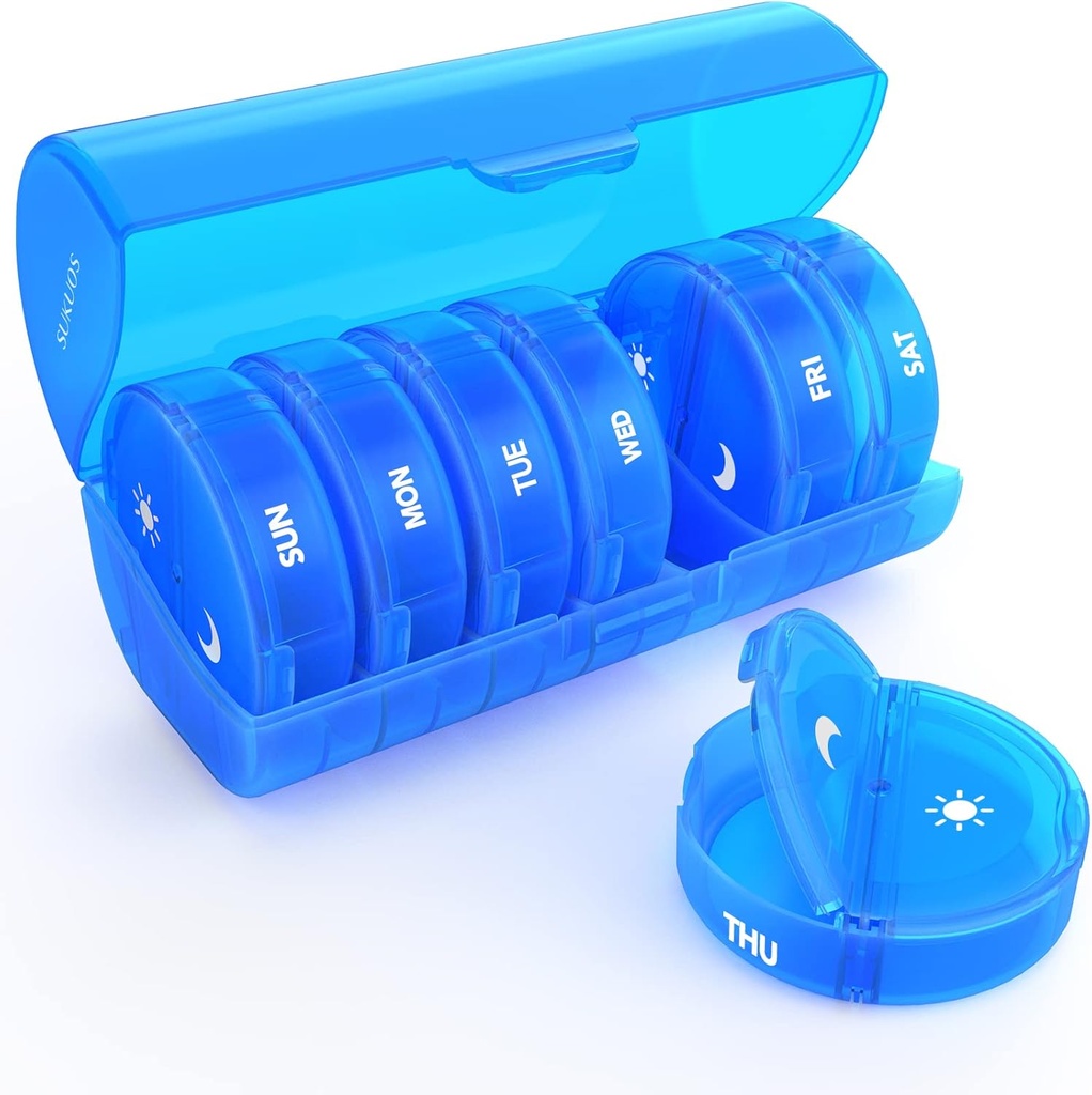 Organizador semanal de píldoras 7 días 2 veces al día, Sukuos gran caja de carga de viaje para píldoras/Vitamin/Fish Oil/Supplements, Daily Medicine Organizer Box, BPA Free Pill Case, Easy to Clean