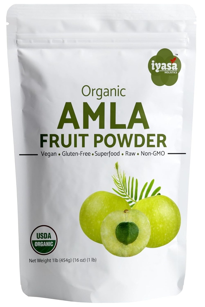 Iyasa Holistics Organic Amla Fruit Powder, Amalaki Berry Powder, 16 onza/452 gm, Raw Superfood For Skin and Hair, Resealable Pouch