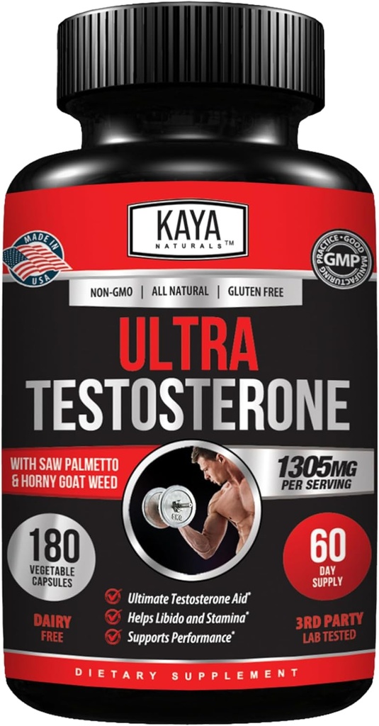 Kaya Naturals UltraTest- Hombres T Booster con Tongkat Ali, Horny Goat Weed, Tribulus - Suplemento de entrenamiento natural para la energía, la resistencia y el estrangulador - 180 Cuenta