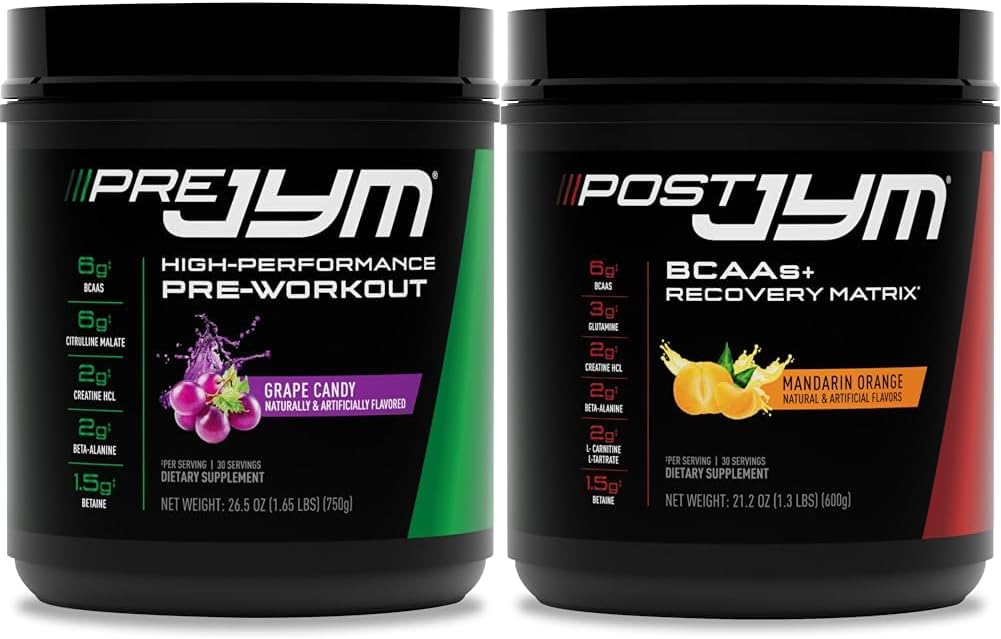 Pre JYM Grape Candy Pre Workout Powder y Post JYM Active Matrix Post-Workout Suplementos Bundle, 30 Servimientos Cada