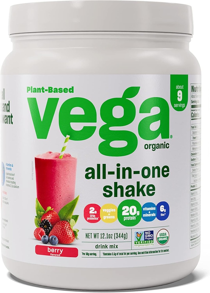 Vega Orgánica All-in-One Vegan Protein Powder, Berry - Superfood Ingredients, Vitaminas para Apoyo Inmunitario, Keto Friendly, Pea Protein for Women &amp; Men, 12.1 oz (Packaging May Vary)