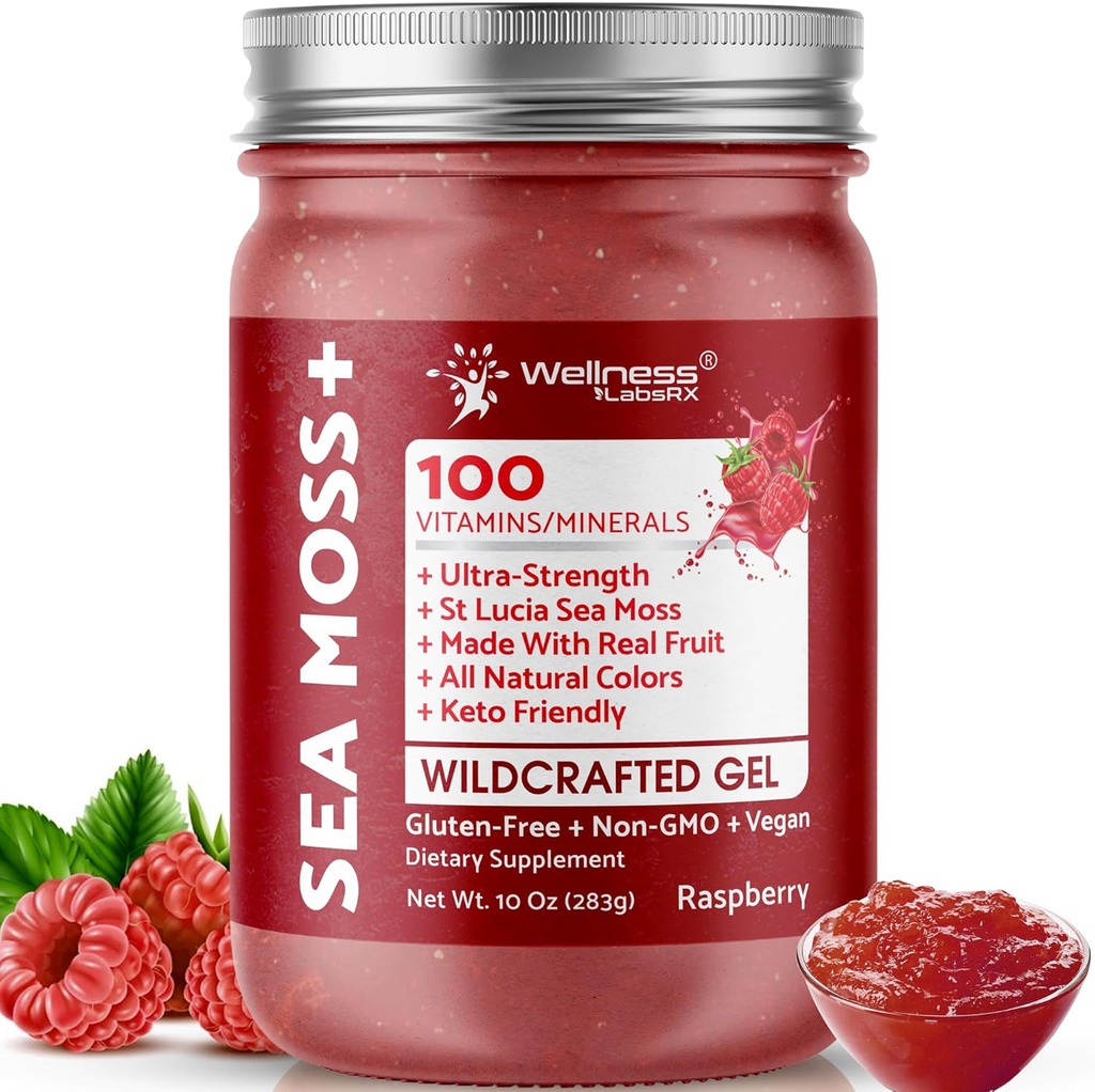 WELLNESS LABSRX Irish Sea Moss Gel Raw - Wildcrafted Superfood Seamoss Gel - Raspberry Flavor, Vitamina y Mineral-Rich de Pristine Caribbean Waters, Immune y Digestive Health Support - 10 oz.