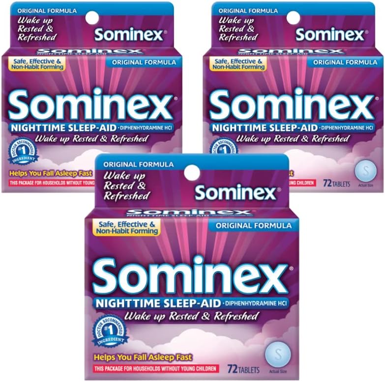 Sominex Nighttime Sleep-Aid, Maximum Strength Formula, Single Dose, 72 tabletas - Pack de 3
