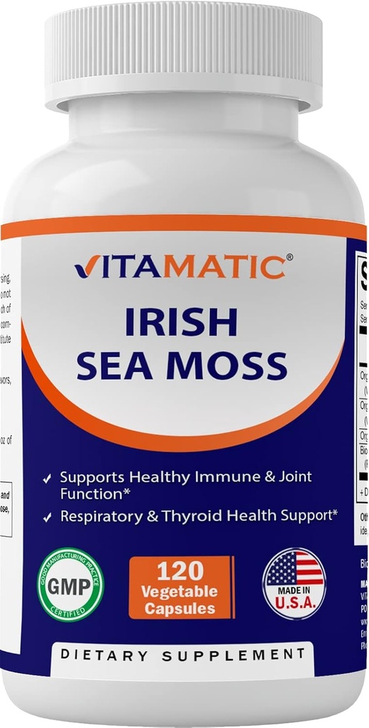 Vitamatic Irish Sea Moss – 120 Capsules Vegetarianos Hecho con Fledderwrack " Burdock Root - Seamoss Suplemento de Thyroid, Energy &amp; Immune Support