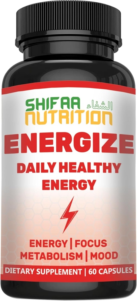 SHIFAA NUTRITION Energize, Natural Daily Energy Vitamins ← Jitter-Free, 60 Servings TEN Supports Focus, Mood, Brain, Metabolism TEN w/Caffeine & Taurine, B1, B2, B5, B6, B7, B9, B12 Halal Vitaminas