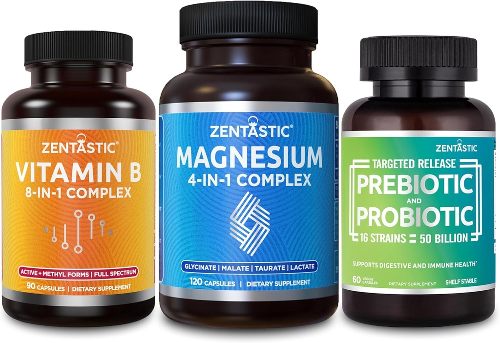 Zentastic 4-en-1 Complejo de Magnesio y vitamina B-Complex y Probióticos & Suplemento