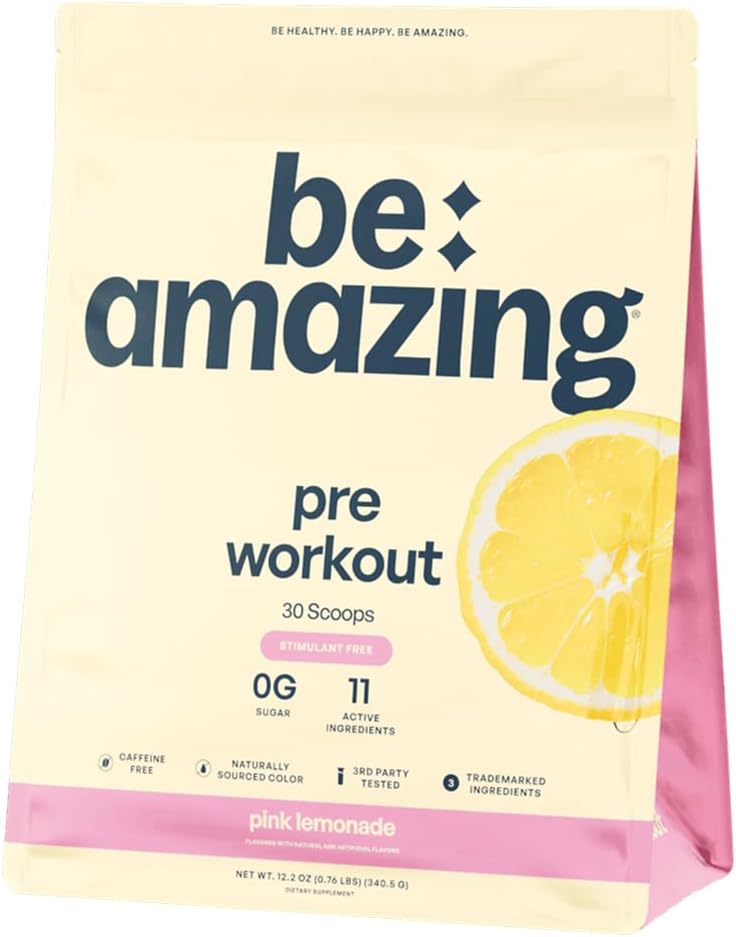 BE AMAZING Caffeine Free Pre Workout Powder, Vegan Suplemento con Ashwagandha & Adaptogens for Night Workouts, Sugar Free Drink Mix for Men &amp; Women, Gluten Free, Pink Lemonade, 30 Servings