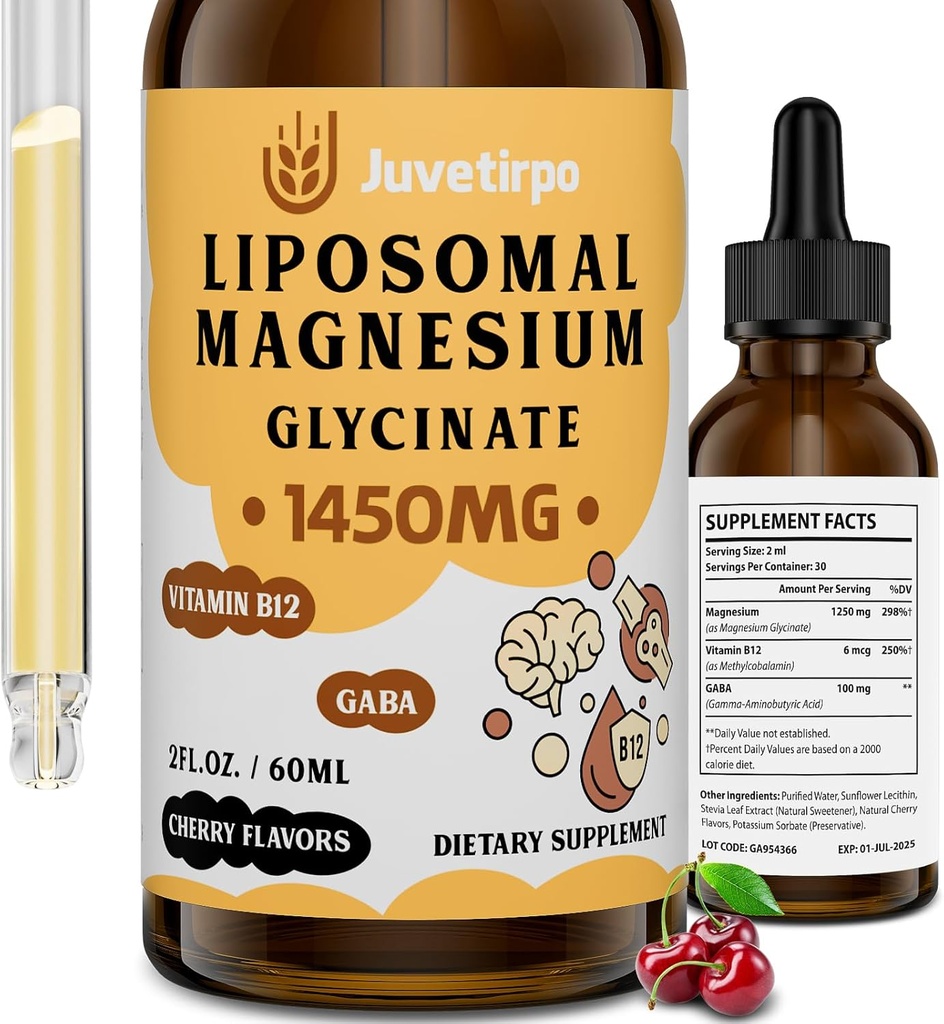 Gotas líquidas de magnesio Glycinate - Aglomerado Liposomal con sabor de cereza para una absorción fácil, promueve el sueño, el mood, la salud de hueso intestinal, reduce el estrés - 60ML (2.04 Fl Oz (Pack de 1))