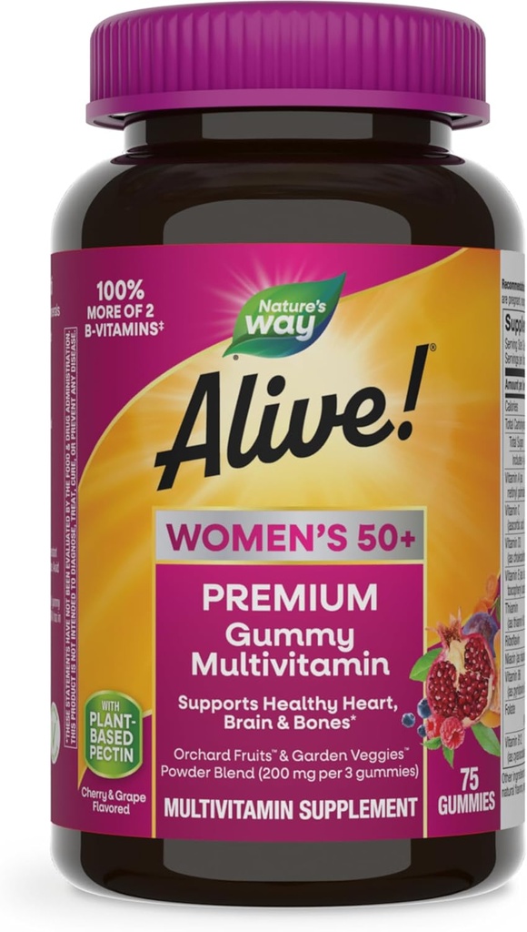 ¡El Camino de la Naturaleza Alive! Mujer 50+ Premium Gummy Multivitamin, apoya el corazón sano, los huesos del cerebro*, los vitaminas B, los libres de gluten, los vegetarianos, la uva y la cereza saboreados, 75 gummies (paquete mayo Vary)