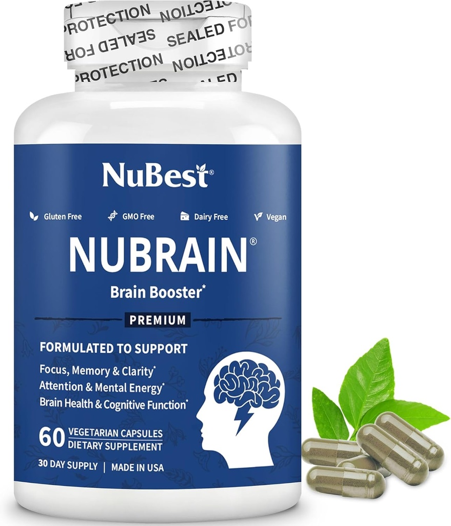 NuBrain Booster - Suplemento Cerebro para Booster, Memoria, Enfoque " Clarity Support with St. John’s Wort, Ginkgo Biloba, Bacopa " Más - 60 Vegan Capsules ← 1 Mes de Suministro