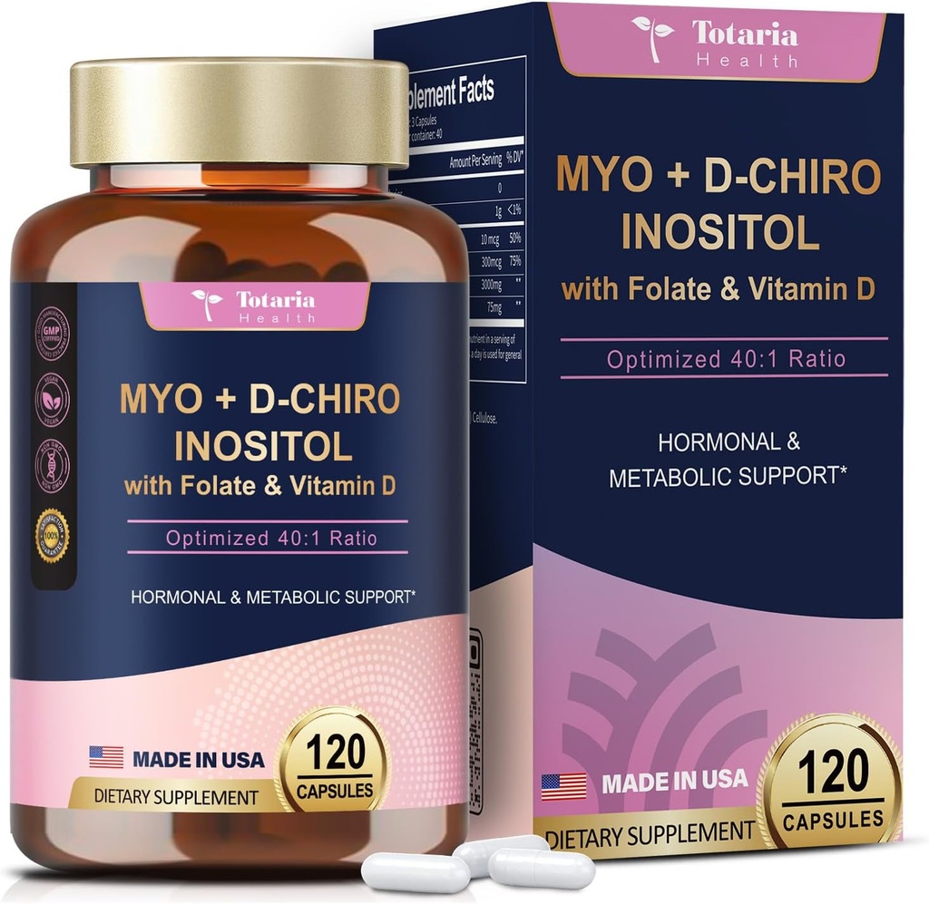 Suplemento de Totaria Inositol para Mujeres con Vitamina D3, Folato, 40:1 Ratio Myo-Inositol 3000mg " D-Chiro Complejo de 75 mg de Inositol, Vitamina B8 Suplemento de Inositol para Mujeres Pelo, Nail, Salud de la Esquía