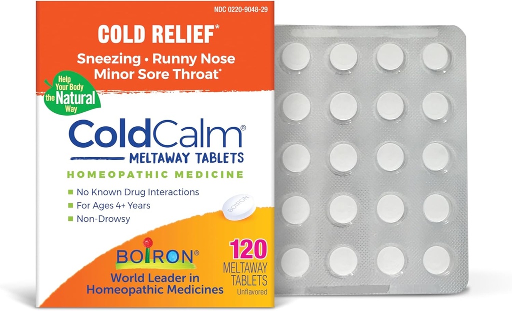 Boiron ColdCalm Tablets for Relief of Common Cold Symptoms such as Sneezing, Runny Nose, Sore Throat, and Nasal Congestion - Non-Drowsy - 120 Count