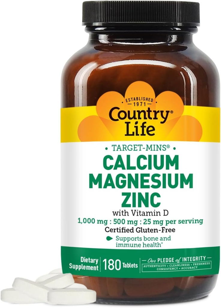 País Vida Calcio Magnesio Zinc con Vitamina D3 y L-Glutamic Ácido, Suplemento dietético para el soporte de hueso, Certified Gluten Free, 1000mg/500mg/25mg, 180 Tablets
