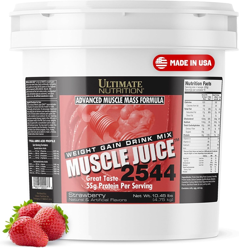 Ultimate Nutrition Muscle Juice, Weight Gain Drink Mix - Mass Gainer Workout Powder for Men &amp; Women - Suplemento para el crecimiento del músculo magro &amp; Immune Support with 55g Protein - Strawberry, 10.45lb