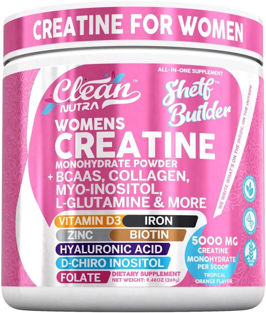 Creatina para Mujeres tóxicas Creatina Monohydrate + BCAA Powder Myo-Inositol Collagen Biotin Hialuronic Acid Folate L Glutamine Vitamina D3 Iron Zinc D-Chiro-Maca Digestion Shelf Builder by Clean Nutra