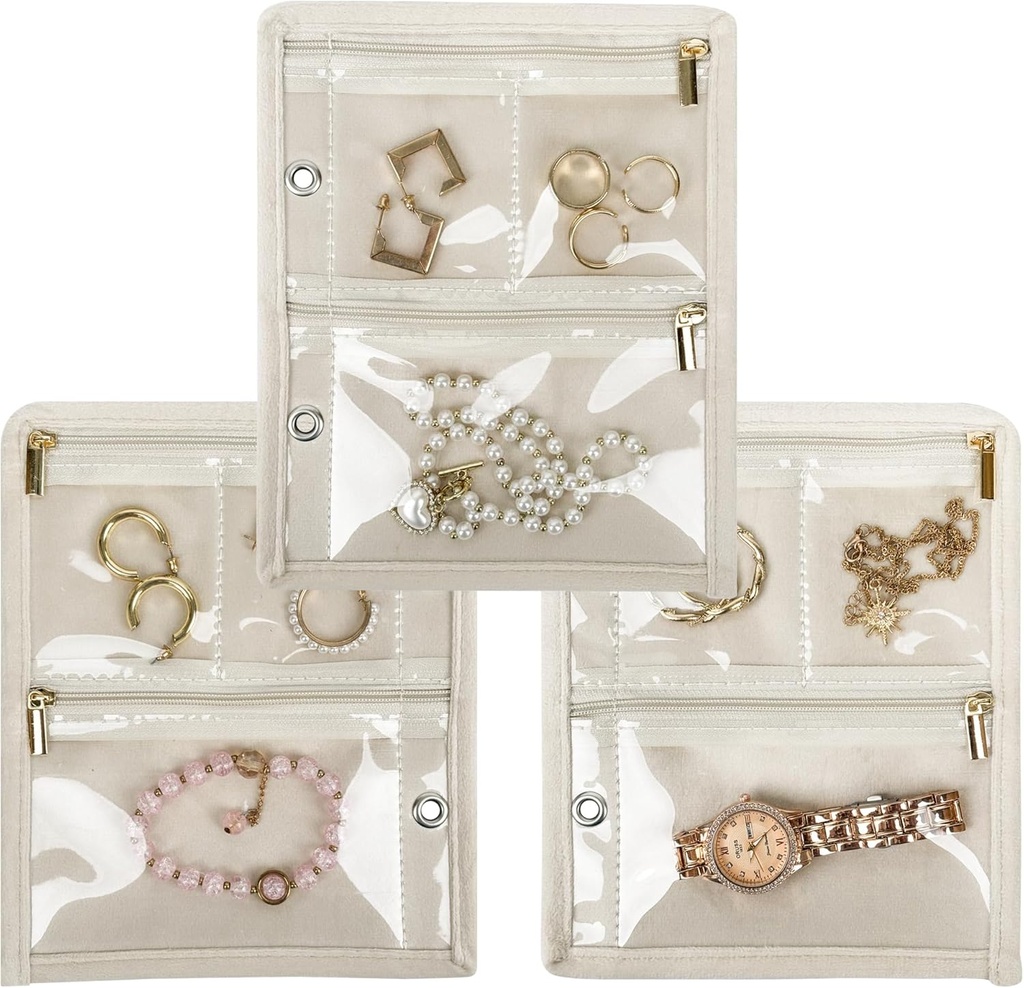 Caja de Organizador de Joyas, Bolsas de Joyería Joyería Libro de joyería Binder con bolsa de terciopelo transparente para viajar, Pendientes, Anillos, Collar, Pulsera (Páginas internas,Beige,3 PCS)
