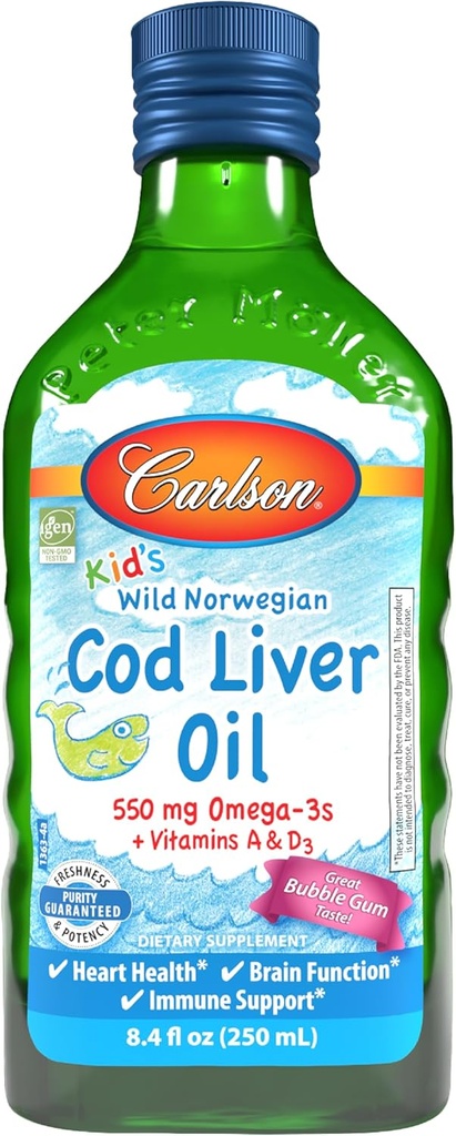 Carlson - Kid's Cod Liver Oil, 550 mg Omega-3s, Vitaminas A &amp; D3, Wild Norwegian, Bubble Gum, 250 mL