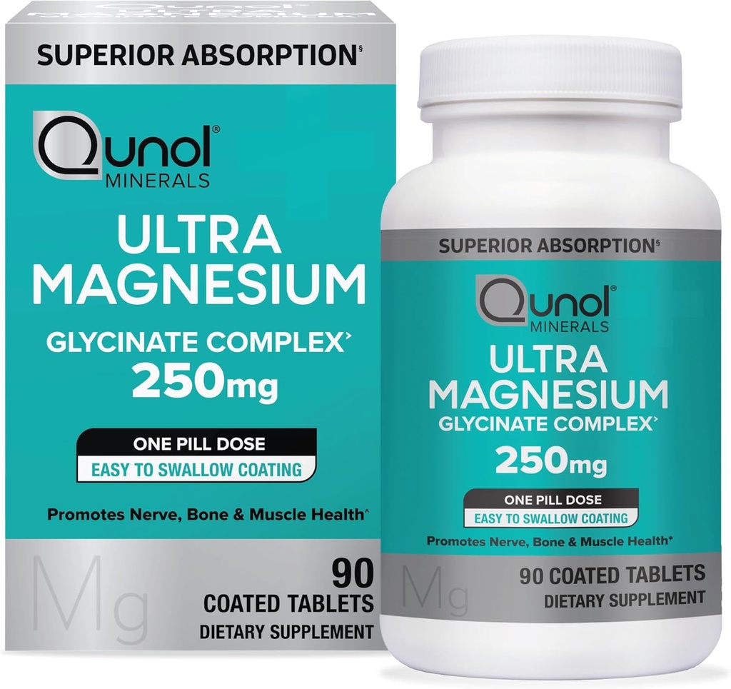 Complejo Glycinate Qunol Magnesium, Gentle on Stomach, 250mg One Pill Dose, Magnesio superior-absorción, Nerve, Bone y Muscle Health Suplemento, 90 Cuenta (Pack de 1)