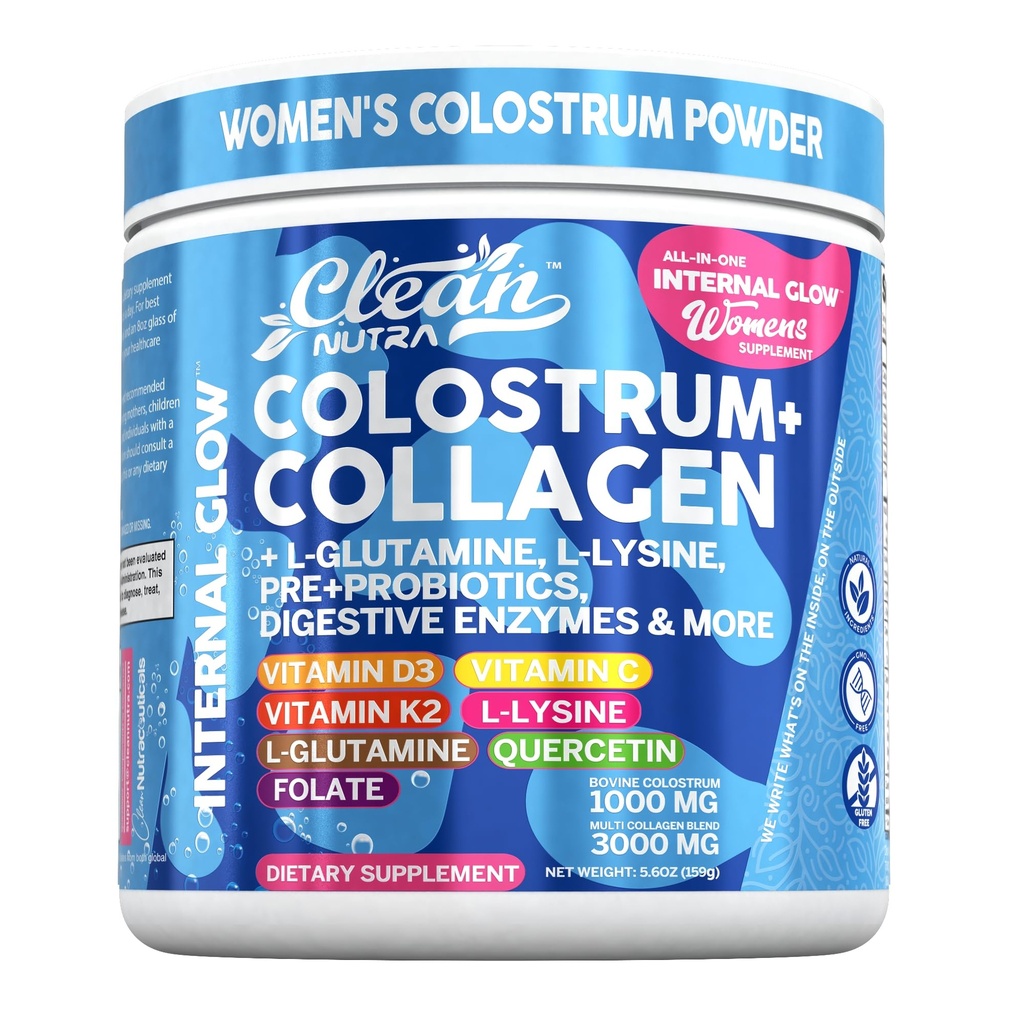 Bovine Colostrum Powder + Colagen Peptides con L-Glutamina L-Lysine Prebiotics Probiotics Digestive Enzymes Vitamin D K2 C Quercetin &amp; Folate ← Gut Health Supplement Internal Glow by Clean Nutra
