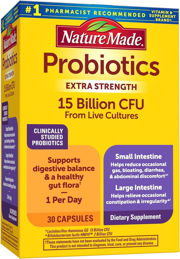 Probióticos hechos por naturaleza para la salud digestiva Extra Strength 15 Billion CFU de las culturas vivas, probióticos para mujeres y hombres, 30 cápsulas probióticas, 30 días de suministro