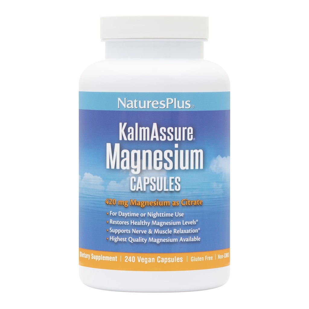 Natures Plus KalmAssure Magnesium - 240 cápsulas veganos - Citrato de magnesio altamente biodisponible - Soportes Nerve &amp; Muscle Relaxation - 60 piezas