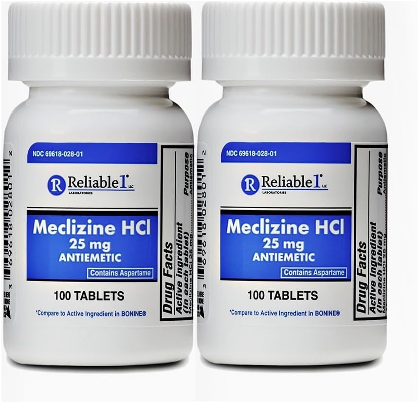 Fiable-1 Laboratorios Meclizine 25 mg Enfermedad de la Moción Genérica de Bonina (100 Tablas Chewable Cada (2-Pack) - Prevent Nausea, Vomiting, and Dizziness Caused by Motion Sickness
