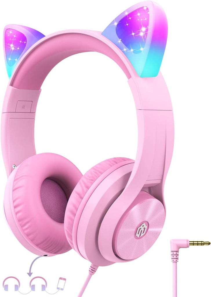 iClever Kids Headphones con Cat Ear Led Light Up, Safe Volume Limite, FunShare, Auriculares plegables para niños para niños para escuelas/iPad/Tablet/Travel, Meow Donut-Pink