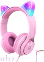 iClever Kids Headphones con Cat Ear Led Light Up, Safe Volume Limite, FunShare, Auriculares plegables para niños para niños para escuelas/iPad/Tablet/Travel, Meow Donut-Pink