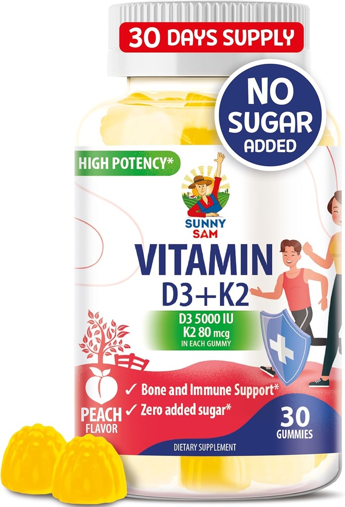 Vitamina libre de azúcar D3 K2 Gummies 5000 UI - Immune &amp; Bone Support Gummies - Vitamina D Gummy Suplemento para adultos - High-Absorption, Vegan, Halal, Vitaminas Chewable sin gluten