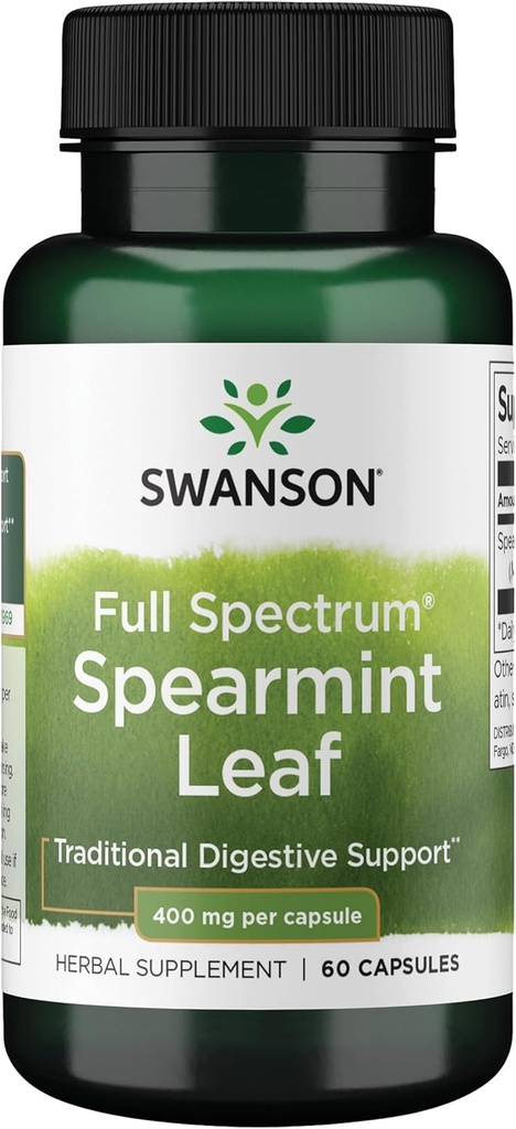 Swanson Spearmint Leaf (Mentha Spicata) - Full Spectrum Herbal Supplement Supporting Digestive Health & Mild Stomach Issues - Natural Formula Supporting Health & Wellness - (60 Capsules, 400 mg cada uno)