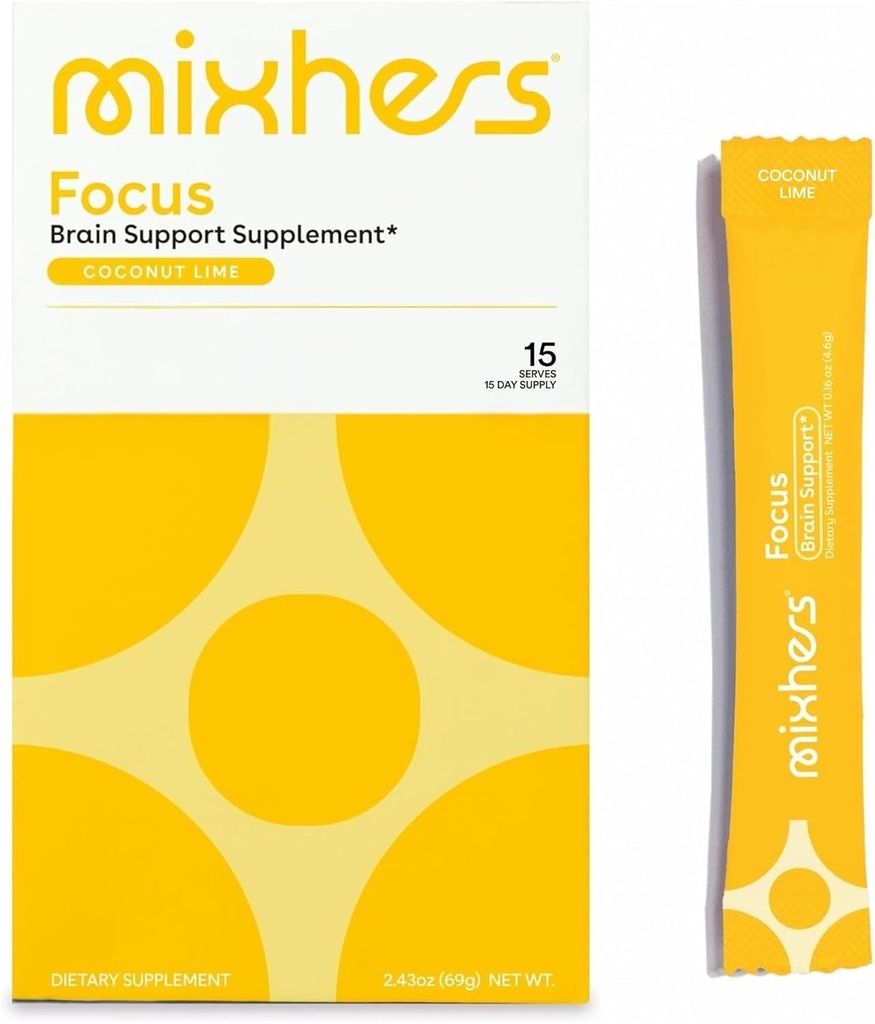 MIXHERS Focus Brain Support Suplemento ← Caffeine-Free ← Ingredientes naturales para la Claridad Cognitiva, Concentración, " Hydration ¦ Coconut Lime Flavor ← 15 Stick Packets