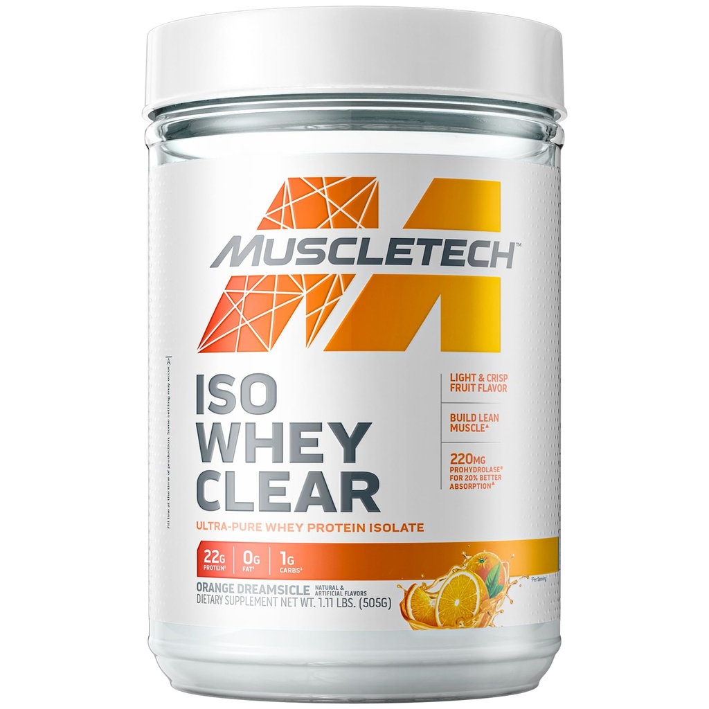 MuscleTech Whey Protein Powder Clear Whey Protein Isolate Whey Isolate Protein Powder for Women &amp; Men Clear Protein Drink 22g of Protein, 90 Calories Orange Dreamsicle, 1.1lb (19 Servings)