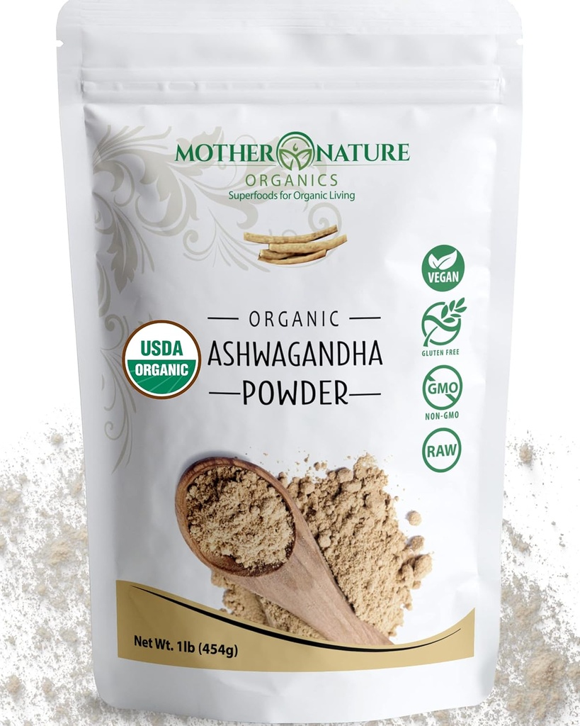 USDA Organic Certified Ashwagandha Powder, 100% Puro, Raw, Powerful Adaptogen Herb Supplement - Non-GMO, Vegan, Gluten-Free (1lb Bag)