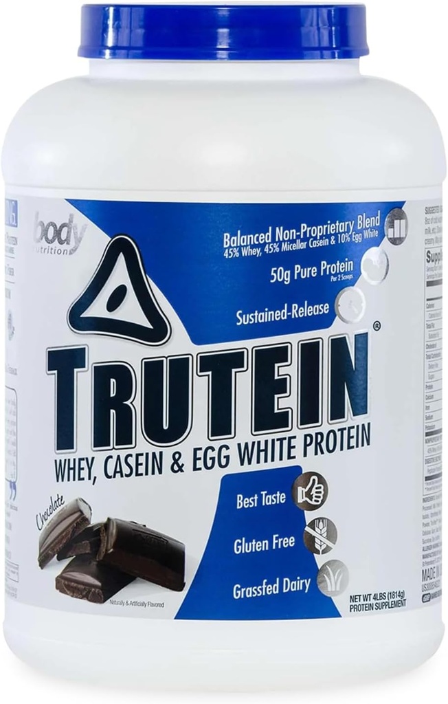 Body Nutrition Trutein High Protein Powder: 45% Whey, 45% Casein, 10% Egg White, Gluten-Free, Low Sodium, Grass Fed Whey Protein Powder, Gym Supplement &amp; Breakfast Shake, Chocolate, 4lb