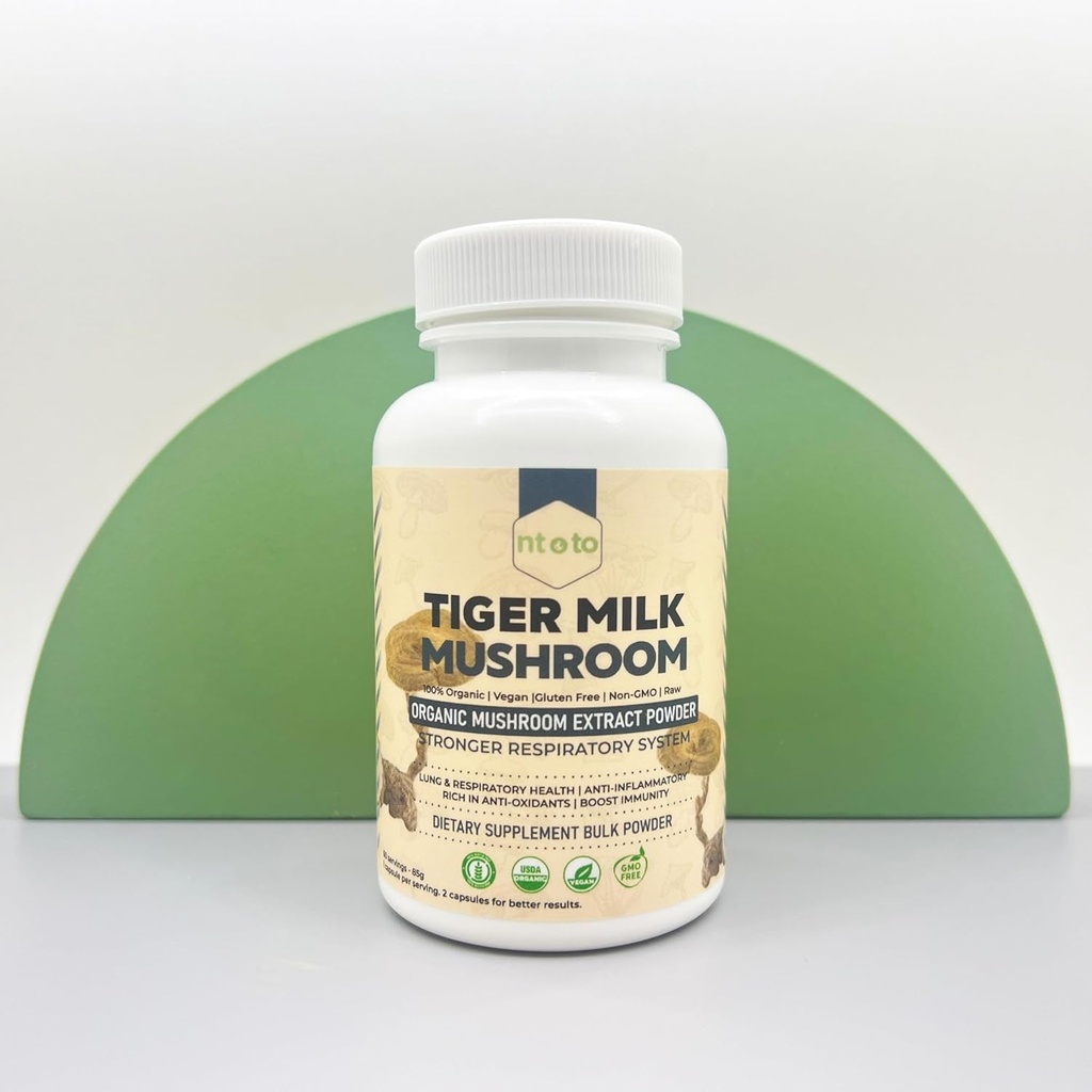 Tiger Milk Mushroom Suplemento (Lignosus Rhinocerus) 60 Capsules TENIDO Apoyos Lungs &amp; Respiratory Health - Herbal Extract - Non-GMO, Vegan, Orgánica 60 Servimientos