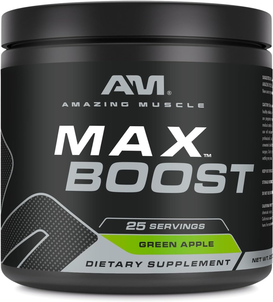 Amazing Muscle Max Boost | 25 Servings | Intense Pre-Workout Supplement for Men & Women | Contains Creatine Monohydrate, Caffeine, Beta-Alanine, Betaine (25 Servings, Green Apple)
