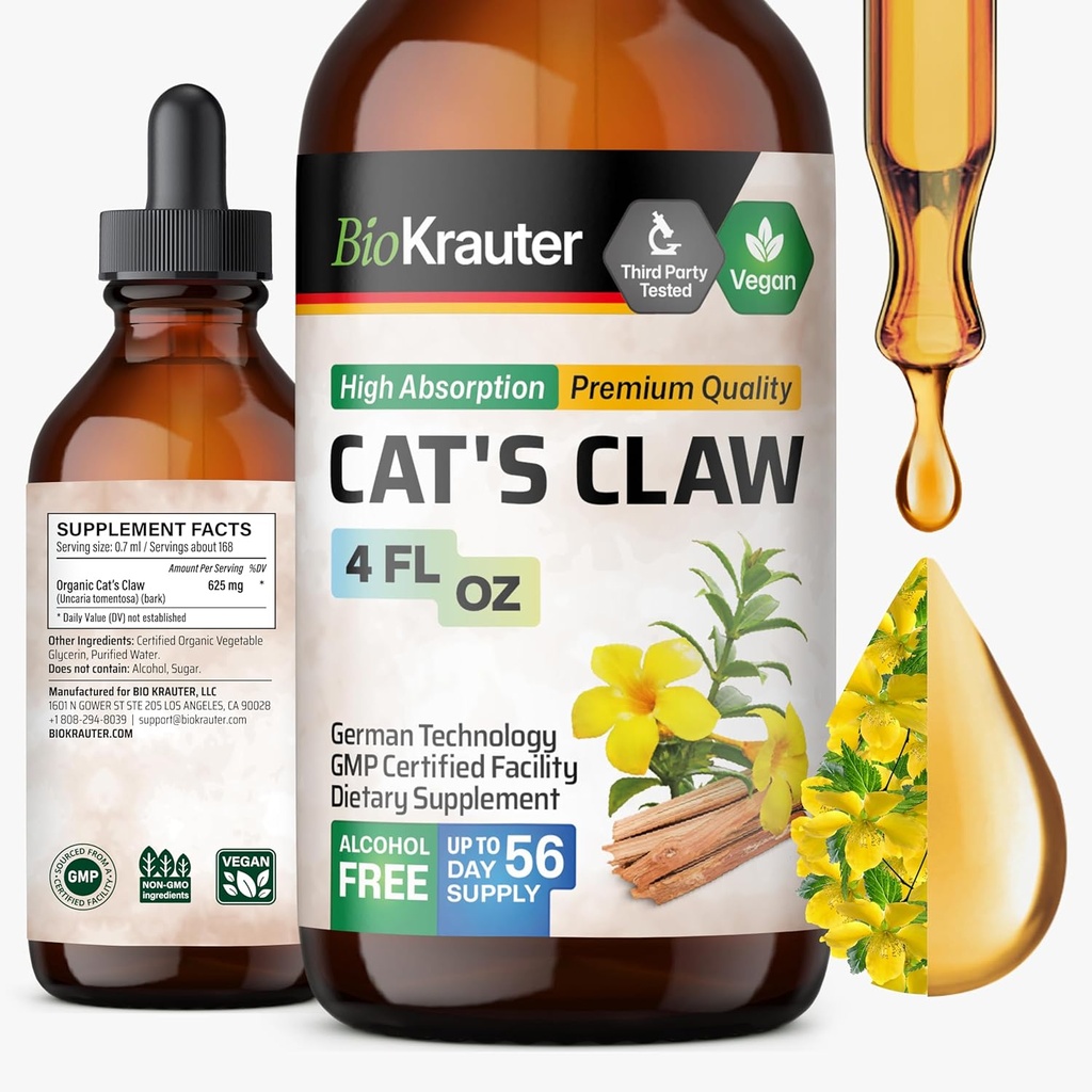 BIO KRAUTER Cats Claw Tincture - Gatos líquidos Claw Herb for Immune Support - Alcohol &amp; Sugar Free - Vegan Drops 4 Fl.Oz.