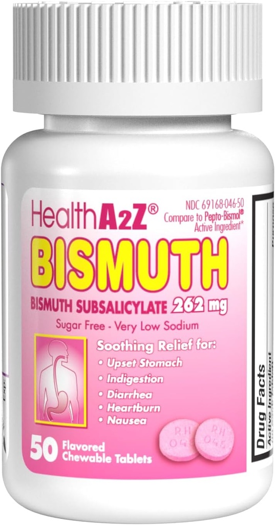 HealthA2Z® Bismuth ← Bismuth Subsalicylate 262mg  Multi-Symptom Relief Silencio (50 Conde (Pack of 1))
