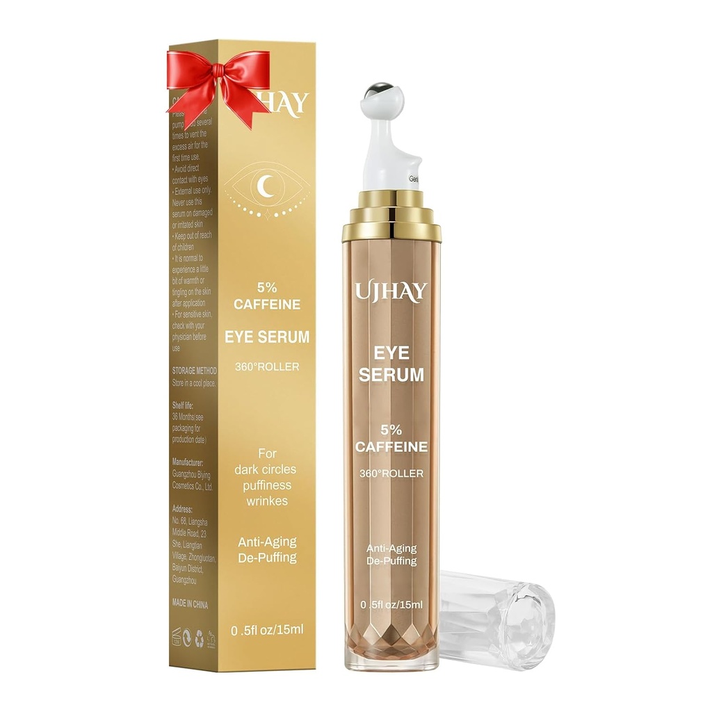 5% Caffeine Eye Cream, Under Eye Serum for Dark Circles, Puffiness & Wrinkles Fine Lines, Eye Roller Serum with 360° Massage Ball, Eye Treatment Balm for Men &amp; Women