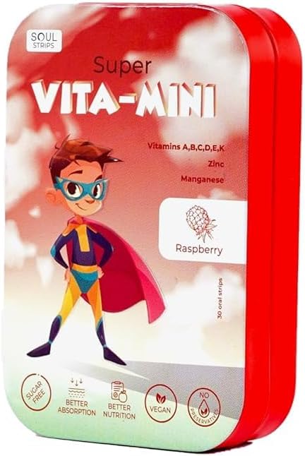 Soul Strips Super Vita-Mini - Vitaminas Esenciales A, B, C, D, E, K &amp; Minerals for Kids' Growth &amp; Health, Raspberry Flavor, Zero Sugar, 100% Vegan, 30 Strips Pack '