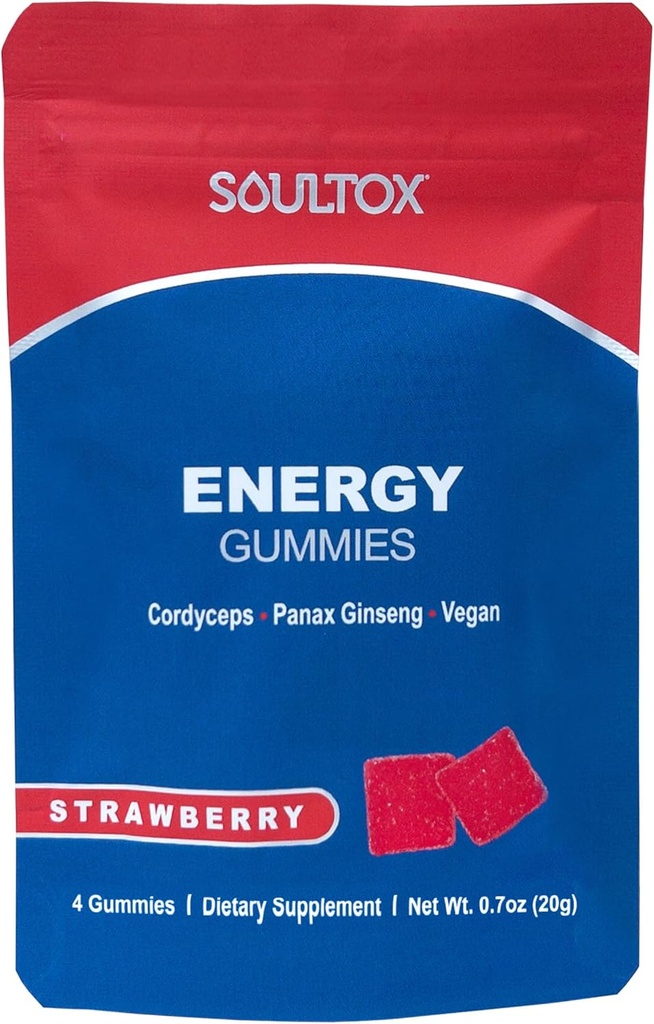 Soultox Energy Mushroom Gummies Strawberry - Fórmula Vegana con Ginseng, Cordyceps, Caffeine, Vitamina B12 - Boosts Energy and Cognitive Function - Natural Ingredients - 10 Pack