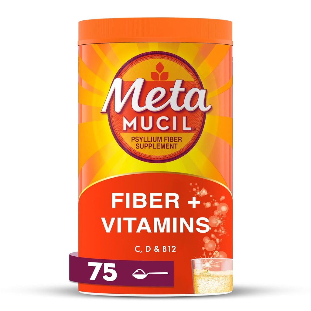 Metamucil, Metamucil 4-en-1 Fiber + Vitaminas C D &amp; B12 Fizzy Fiber Suplemento Polvo - Citrus, 24.9 Unce