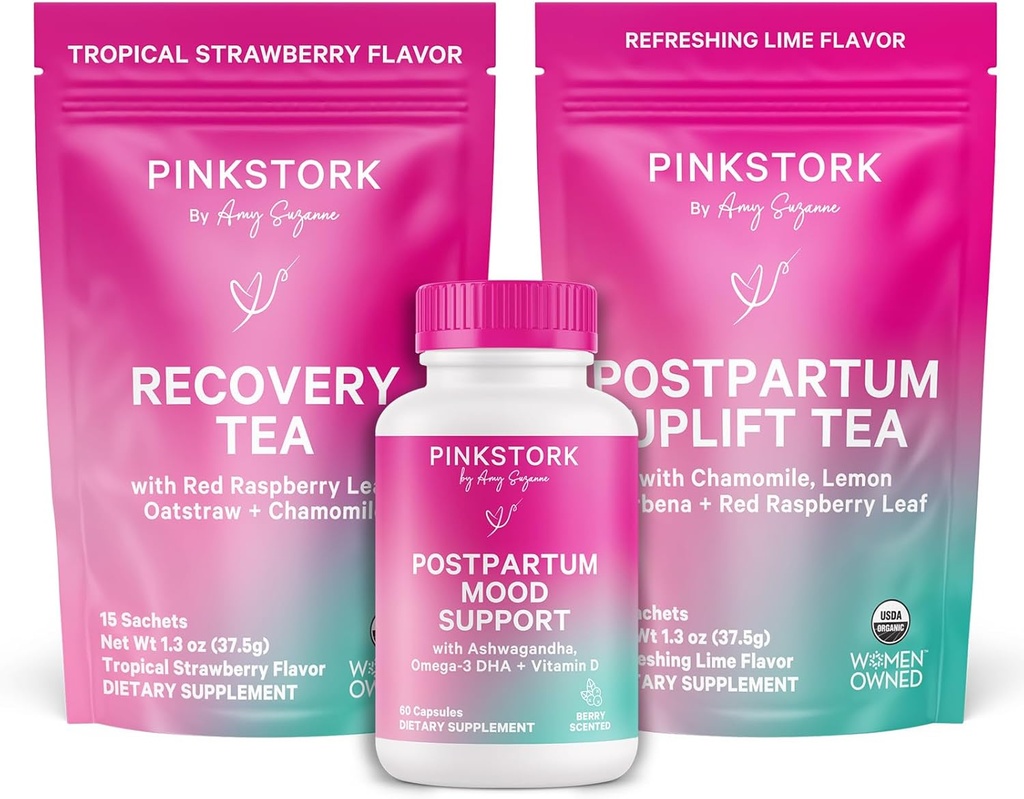 Pink Stork Postpartum Essentials Kit – Balance hormonal, recuperación " Mood Support for New Moms – Vitaminas posnatales Ashwagandha + Teas herbales para el alivio de estrés, energía, sueño – Gift Set – Vegan, Orgánico